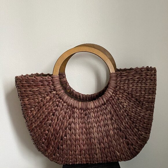Vintage Large Straw Woven Handbag Wood Handle Brown - Picture 1 of 2
